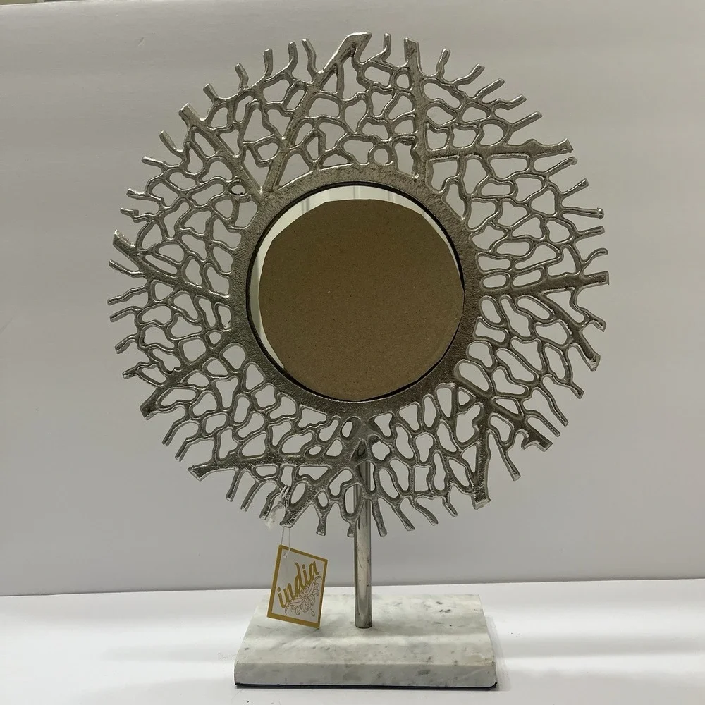 Silver Coral Tabletop Mirror Metal White Marble Base 17x14